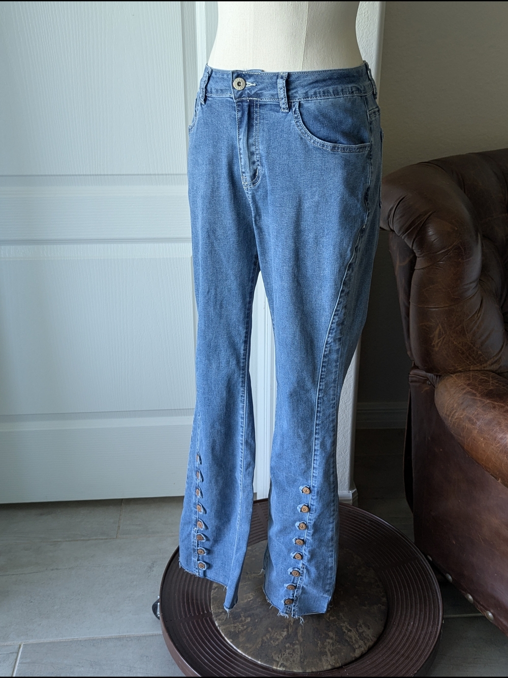Ethyl Blue Button-Trim Flare Leg Jeans